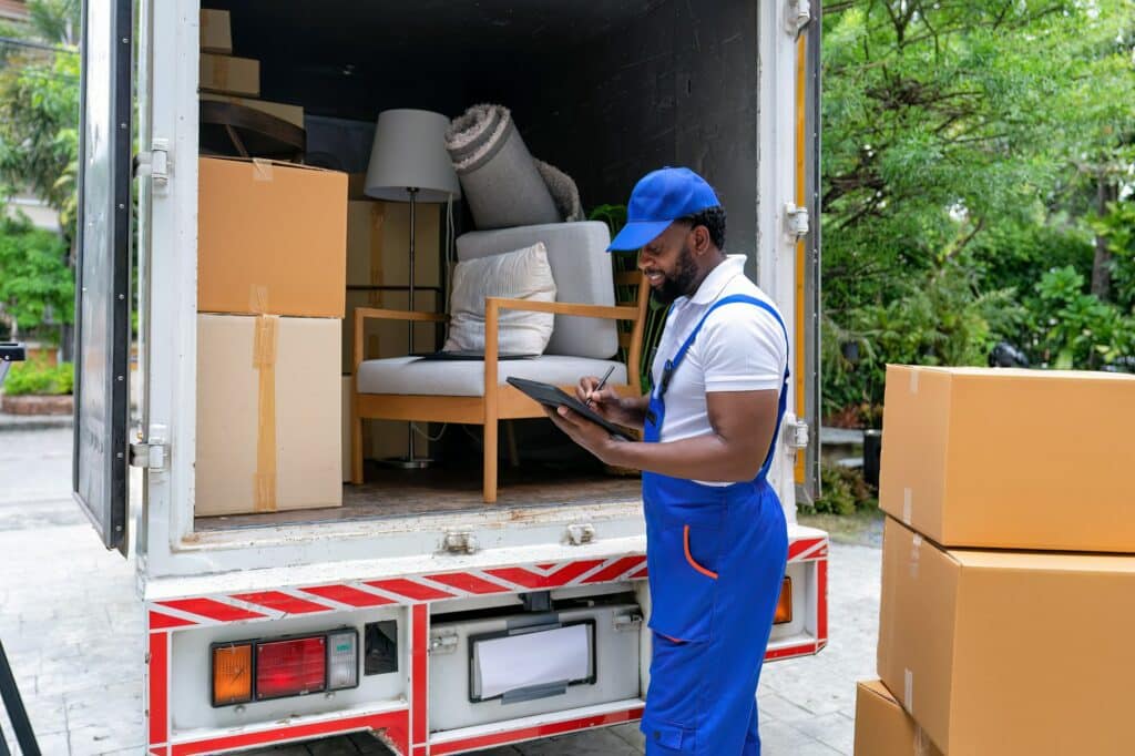 Delivery house move cargo truck service man checking box list from digital tablet for signature